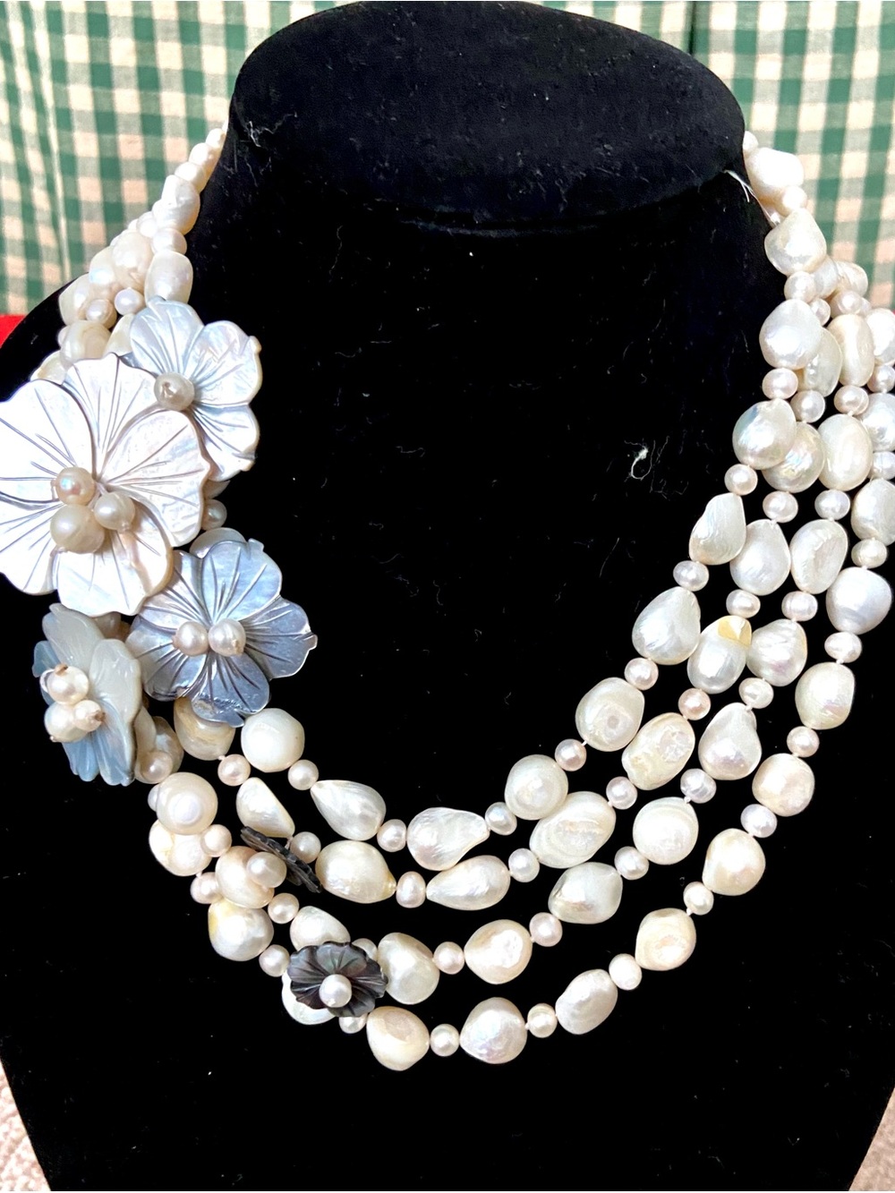 Multi-Strand White Pearl Necklace with Floral Accents
